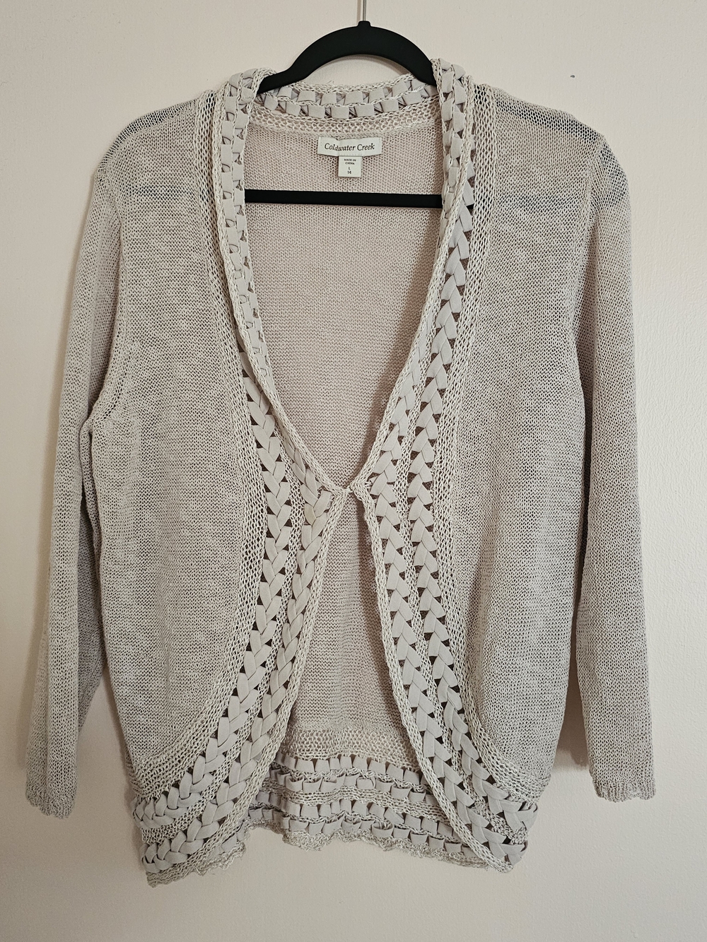 Coldwater Creek Sz Large Taupe Open-Front Woven Trim Sweater